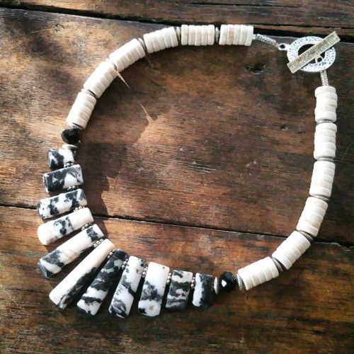 mother of pearl heishi crystals and zebra jasper focal necklace
